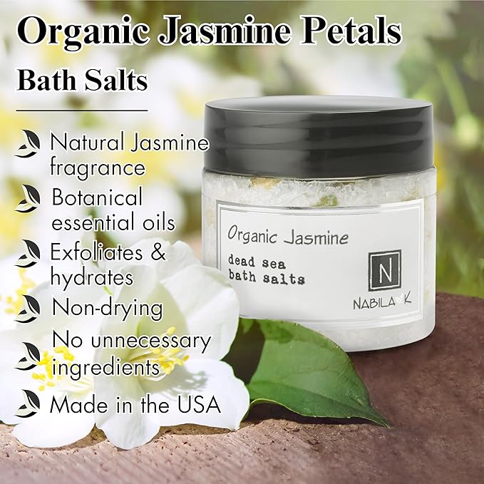 Organic Jasmine Bath Salts by Nabila K - Dead Sea Salt & Epsom Salt Scrub & Soak - Exfoliates & Hydrates Skin, Botanical Essential Oils - Bubble Bath Accessories for All Skins Types, 8 oz-VivaGrace Women