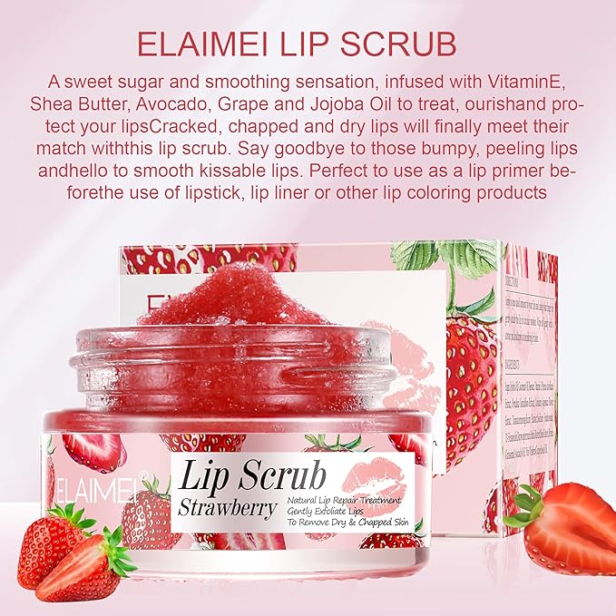 Lip Scrub, Exfoliator & Moisturizer, Lip Repair for Lush Soft Lips, Chapped Dry and Flaky Lips Treatment (Strawberry)-VivaGrace Women