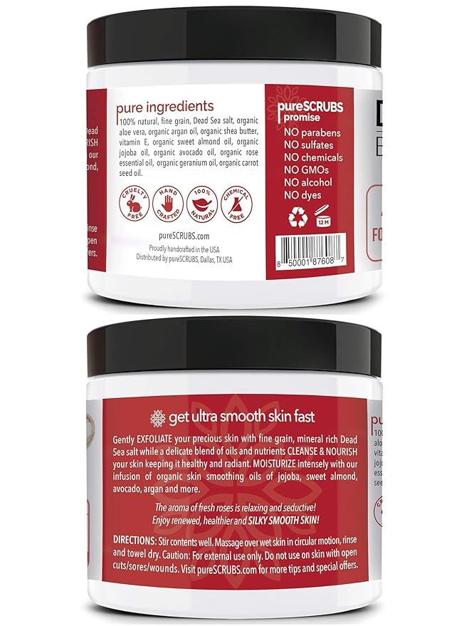 pureSCRUBS Premium Rose Body Scrub Set - Large 16oz Dead Sea Salt Body Scrub With Infused Essential Oils & Nutrients, Includes Wooden Spoon, Loofah & Oatmeal Exfoliating Bar Soap-VivaGrace Women