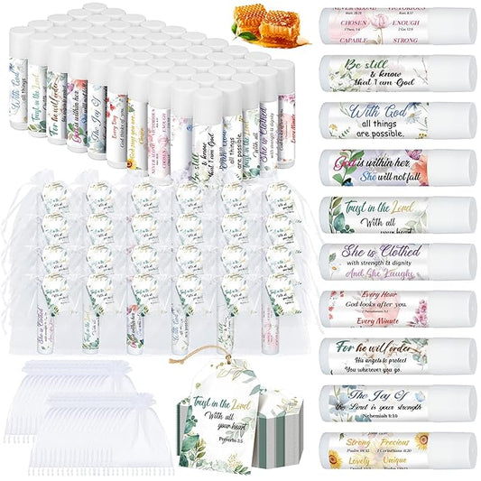 50 Sets Christian Gifts Bulk Lip Balms for Women Honey Religious Scripture Bible Verse Lip Balm Inspirational Motivational Thank you Gifts Floral Church Sunday School Party Favors-VivaGrace Women