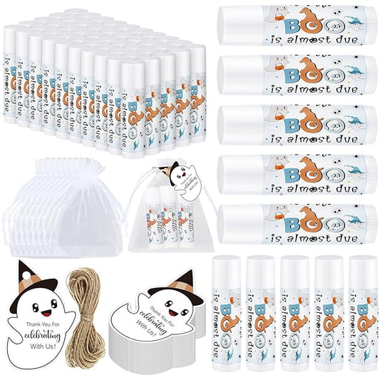 Demissle 50 Pcs Baby Shower Lip Balm Gift Set with 100 Pcs Organza Bags Baby Shower Party Favor for Guest Thank You Tag Rope Baby Shower Party Decoration Gender Reveal Souvenirs (Ghost)-VivaGrace Women