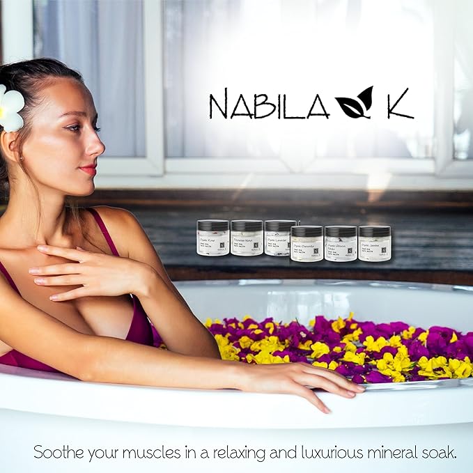 Assorted Bath Salts (Set of 6) by Nabila K - Dead Sea Salt & Epsom Salt Scrub & Soak - Exfoliates & Hydrates Skin, Botanical Essential Oils - Bubble Bath Accessories for All Skins Types, 2 oz-VivaGrace Women