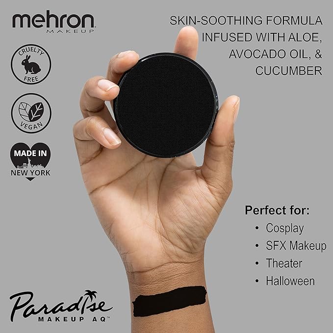 Mehron Makeup Paradise Makeup AQ Pro Size | Stage & Screen Performance, Face & Body Painting, Beauty, Cosplay, and Halloween | Water Activated Face Paint, Body Paint 1.4 oz (40 g) - Black-VivaGrace Women