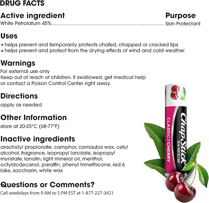 ChapStick Classic Cherry Lip Balm Tubes for Lip Care - 0.15 Oz (Pack of 3)-VivaGrace Women