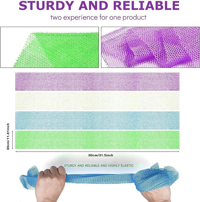 UJFQBH 4 Pieces African exfoliating net African Net Long Net Bath Sponge Exfoliating Shower Body Scrubber Back Scrubber Skin Smoother,Great for Daily Use (Purple, Blue, Green, White)-VivaGrace Women