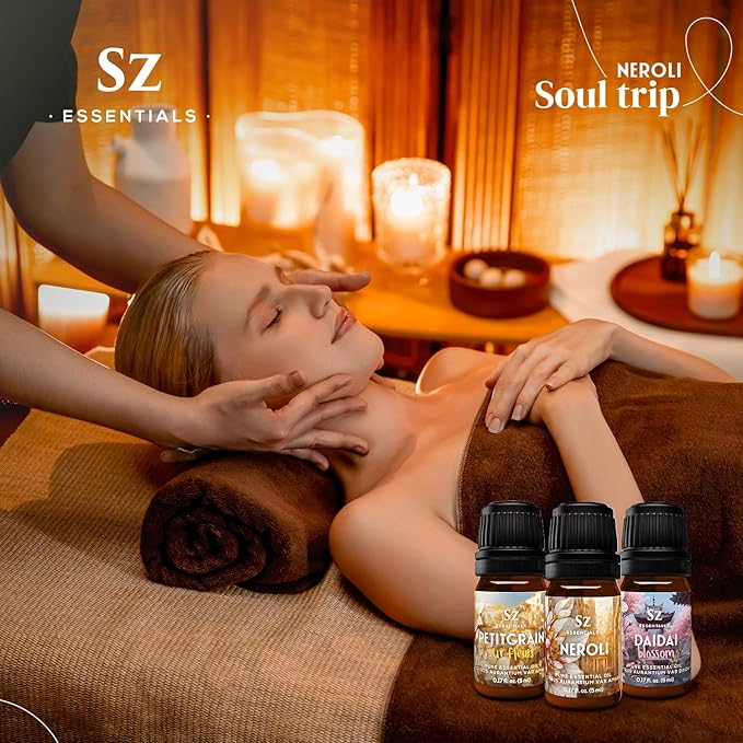 Neroli Soul Trip Essential Oils Collection- Neroli + Petitgrain Sur Fleurs + Dai Dai Blossom -Set of 3 Bottles (0.17 Fl Oz- 5ml each)- 100% Pure & Undiluted - Therapeutic Grade & Vegan-VivaGrace Women