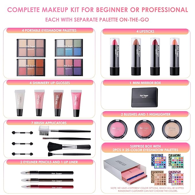 Hot Sugar Makeup Set for Teen Girls Ages 10-12, All in One Beginner Makeup Kit for Women, Cosmetics Gift Set for Birthday Christmas (Clear02)-VivaGrace Women