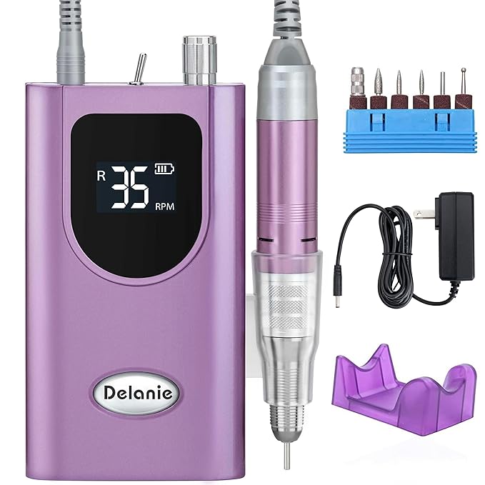 Delanie Professional Nail Drill High Torque 35000 RPM Rechargeable Portable Electric Nail File Filer for Acrylic Gel with Cuticle Bits, Salon Manicure Tool, Purple-VivaGrace Women