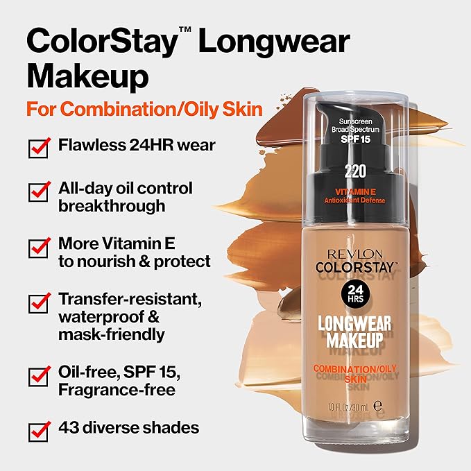 Revlon Liquid Foundation, ColorStay Face Makeup for Combination & Oily Skin, SPF 15, Longwear Medium-Full Coverage with Matte Finish, Medium Beige (240), 1.0 Oz-VivaGrace Women