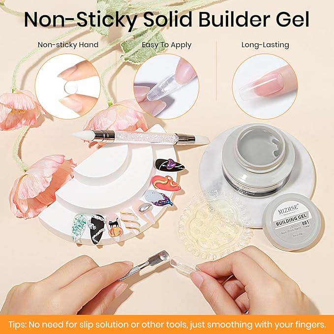MIZHSE Solid Builder Gel - 1 oz Clear Non Stick Hand Hard Gel with 6 Colors Chrome Nail Powder and Nail Form Extension Kit for Salon and Home DIY-VivaGrace Women