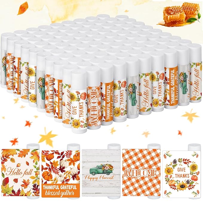 Dunzy 100 Pack Hello Fall Thanksgiving Party Gifts Bulk Lip Balms Favors Employee Appreciation Gifts Thank You Gifts Team Inspirational Gifts for Women Men Coworkers Satff Teachers(Thanksgiving)-VivaGrace Women