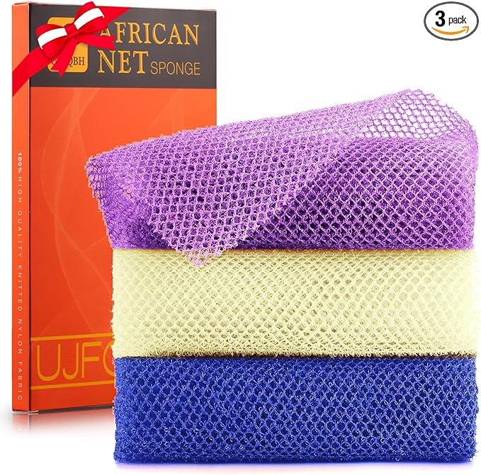 UJFQBH 3 Pieces African Bath Sponge African Net Long Net Bath Sponge Exfoliating Shower Body Scrubber Back Scrubber Skin Smoother,Great for Daily Use (Purple,Blue,Off-White)-VivaGrace Women