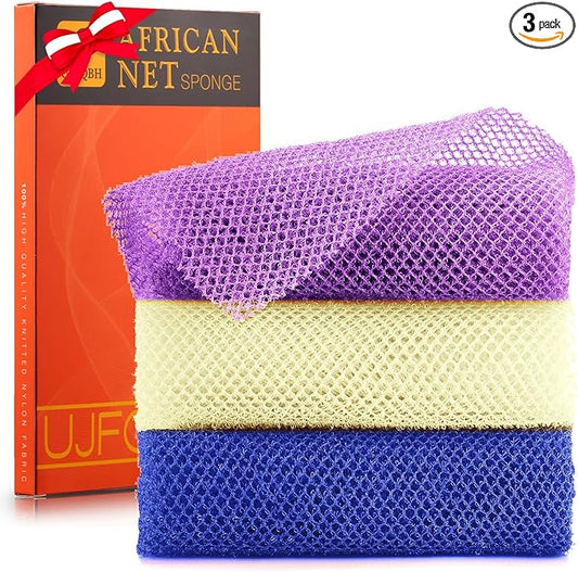 UJFQBH 3 Pieces African Bath Sponge African Net Long Net Bath Sponge Exfoliating Shower Body Scrubber Back Scrubber Skin Smoother,Great for Daily Use (Purple,Blue,Off-White)-VivaGrace Women