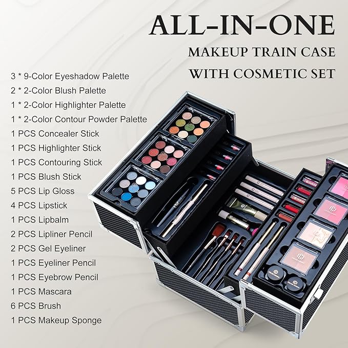 Color Nymph Makeup Sets for Teens Girls Women, Professional Makeup Kits All In One Makeup Set Storage Train Case, Beginner Full Cosmetics Kit with Eyeshadow Blush Lipstick Lipgloss Mascara etc Black-VivaGrace Women
