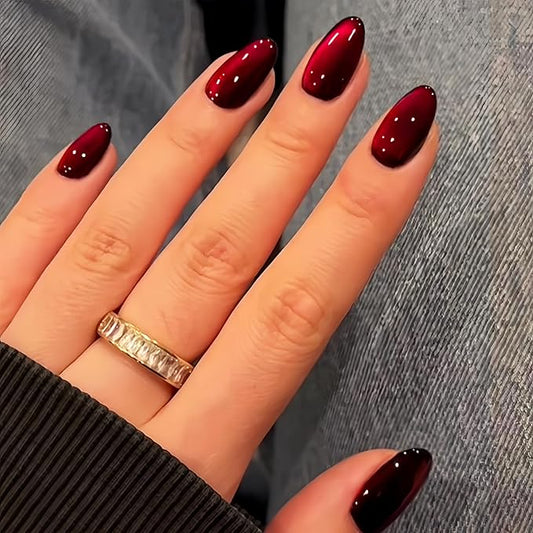 KQueenest Dark Red Cat Eye Press on Nails Short Oval, 30 Pcs Glitter Burgundy Fake Nails Short, Thick Shiny Sparkle Nails Press on, Cute Bling Acrylic Stick on Nails for Women Daily Wear