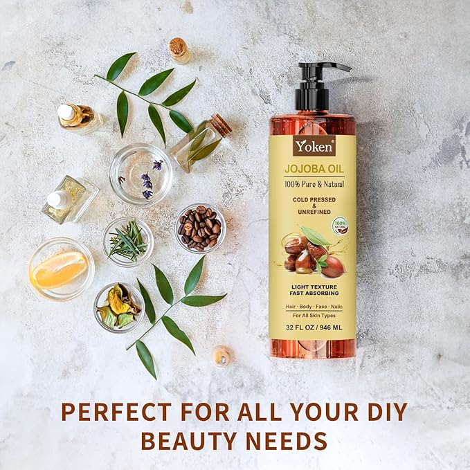 Yoken 32 fl oz (EWG Verified) 100% Pure Jojoba Carrier Oil - Unrefined, Hexane-Free, Cold Pressed for Skin, Face, Hair, Nails, and Massage-VivaGrace Women