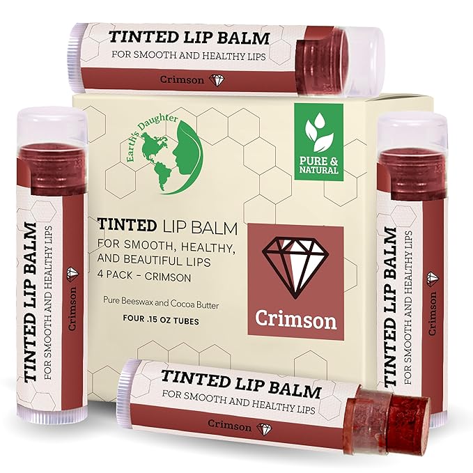 Tinted Lip Balm by Earth’s Daughter – 4 Pack of Crimson Color – Beeswax, Coconut Oil, Cocoa Butter, Vitamin E – Moisturize and Beautify – Paraben Free-VivaGrace Women