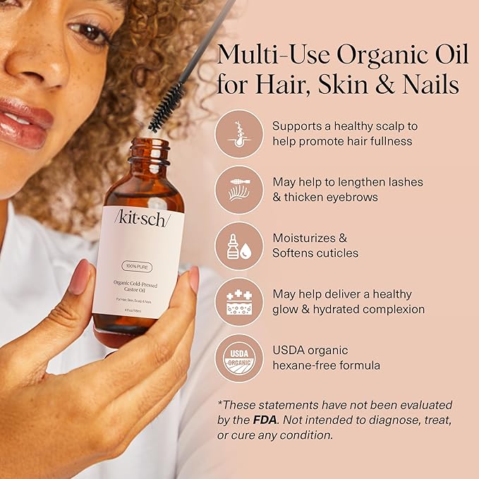 Kitsch Organic Castor Oil for Hair Growth - 100% Pure Castor Oil, Organic Cold Pressed Unrefined Glass Bottle for Face, Skin, Lashes, Brows, Scalp, Nails & Belly Button - Hexane Free, USDA - 4 oz-VivaGrace Women