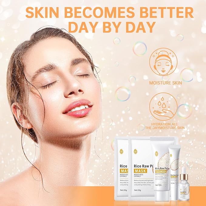 Rice Skin Care Sets For Women, 5/6Pcs Skin Care Kit, Moisturizing Skin Care Gift Set , Face Care Kit Inclusde Rice Mask, Cleanser, Toner, Lotion, Eyecream, Face Serum (5pcs Rice Raw Pulp)-VivaGrace Women