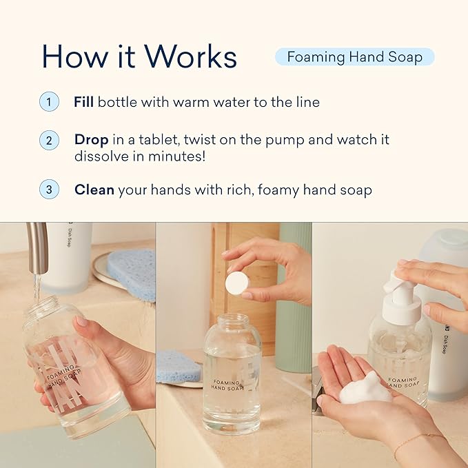 BLUELAND Hand Soap Duo Slate, 2 Refillable Glass Foaming Hand Soap Dispensers with 8 Refill Tablets, Variety Scents, 8 x 9 Fl oz