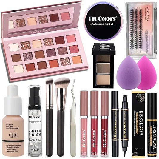 All In One Makeup Essential Starter Kit for Beginners or Pros, 18 Colors Naked Eyeshadow Palette Nude Face Primer, Brush, Sponge, Eyebrow Powder, Winged Eyeliner Stamp (SetA)-VivaGrace Women