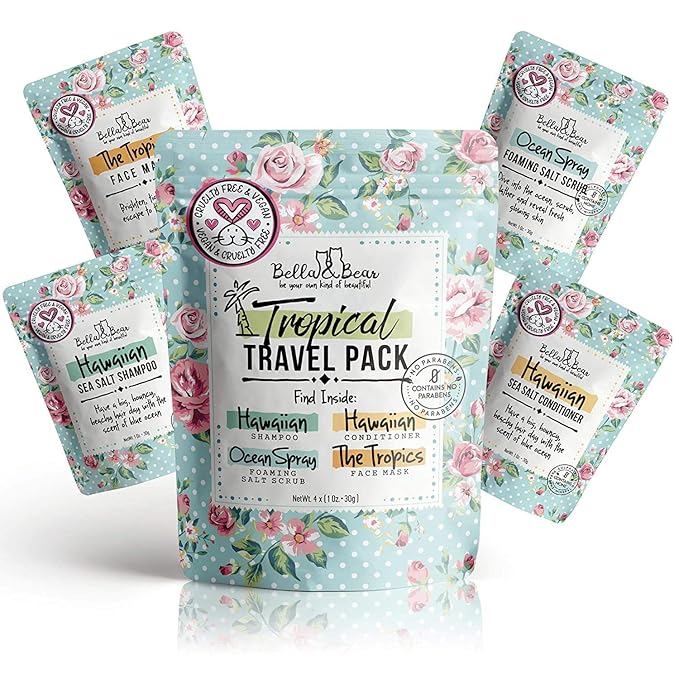 Bella & Bear Tropical Travel Pack, Self Care Kit, Includes Cruelty Free Shampoo, Conditioner, Body Scrub, Face Mask,1oz, Pack of 4-VivaGrace Women