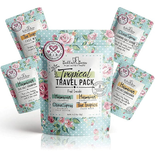 Bella & Bear Tropical Travel Pack, Self Care Kit, Includes Cruelty Free Shampoo, Conditioner, Body Scrub, Face Mask,1oz, Pack of 4-VivaGrace Women