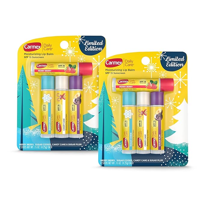 Carmex Daily Care Moisturizing Lip Balm Limited Edition Holiday Stick Pack in Sugar Plum, Candy Cane, Sugar Cookie and Merry Berry - 0.15 OZ each, 4 count (Pack of 2)-VivaGrace Women