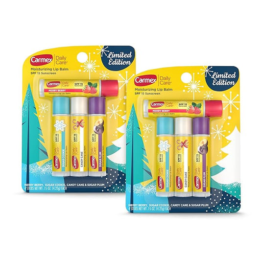 Carmex Daily Care Moisturizing Lip Balm Limited Edition Holiday Stick Pack in Sugar Plum, Candy Cane, Sugar Cookie and Merry Berry - 0.15 OZ each, 4 count (Pack of 2)-VivaGrace Women