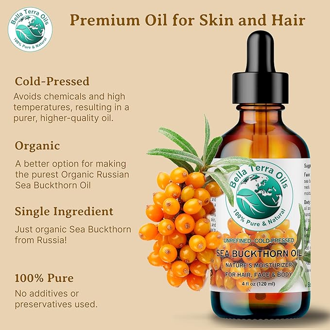 Bella Terra Oils - Sea Buckthorn Oil 4 oz - Unlock the Gold Standard in Skincare, Infused with Omega-3, Omega-6 & Carotenoids, Elevate Your Cosmetic Routine-VivaGrace Women