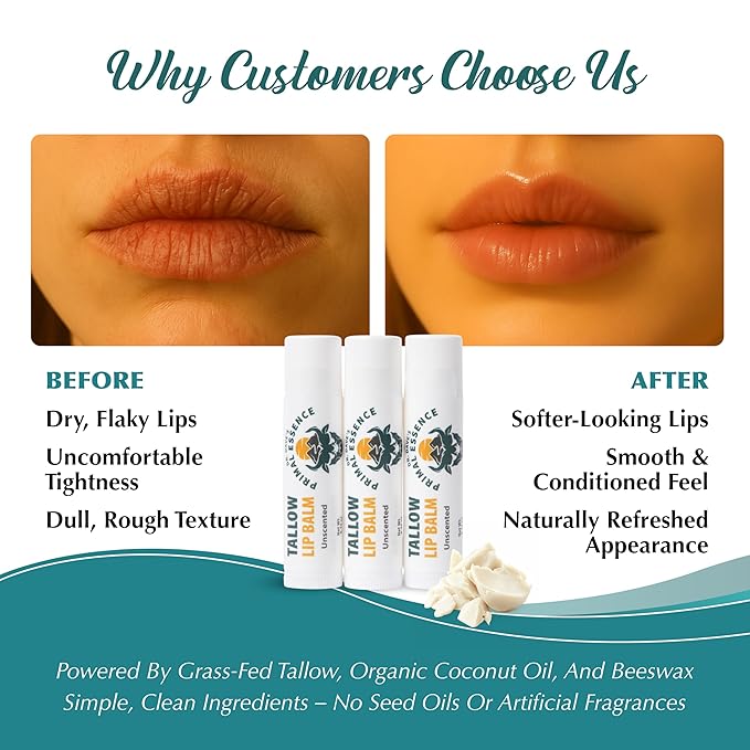 Moisturizing Tallow Lip Balm – Grass-Fed Beef Tallow with Organic Coconut Oil, Beeswax, and Vitamin E – Unscented Lip Balm Set – Travel Essential - 3-Pack-VivaGrace Women