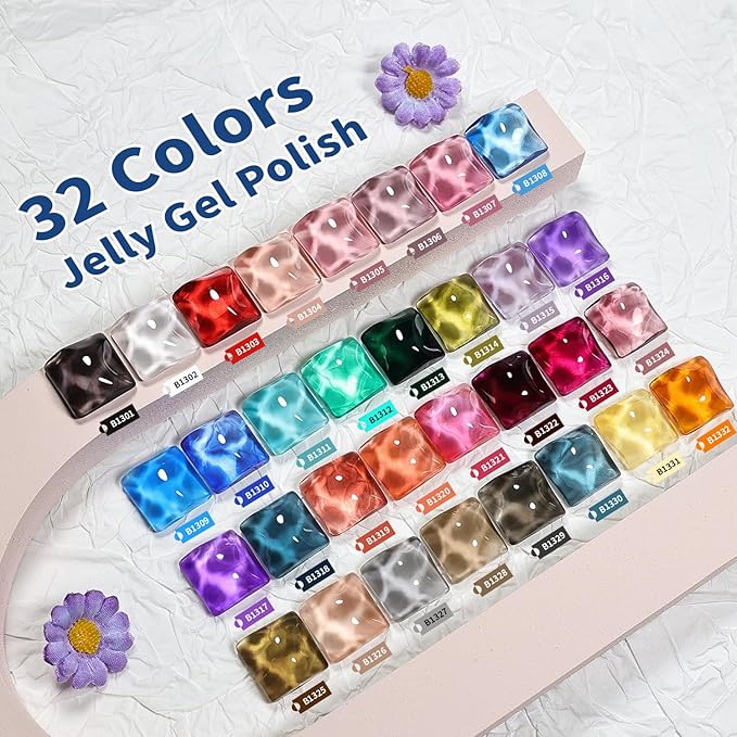 JODSONE 32 Colors Jelly Gel Nail Polish Kit with U V Light Crystal Transparent Classic Color 4 Functional Gel for All Seasons-VivaGrace Women