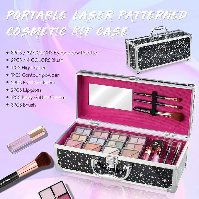 Color Nymph Beginners Makeup Kit With Train Case For Teenagers Girls, Full Starter Cosmetics Set Included 32 Colors Eyeshadow, Glitter Cream, Blush, Highlighter, Lip Gloss and Brush (Black)-VivaGrace Women