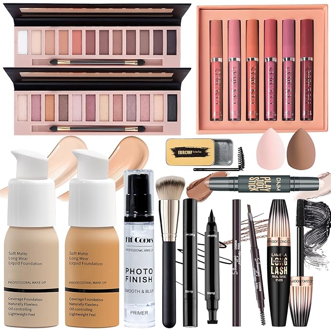 Full Makeup Set Kit for Women Girls Teens, Makeup Present Set, Foundation Face Primer, Eyeshadow Eyeliner Eyebrow Pencil Soap Mascara, Counter Stick Liquid Lipsticks, Brush & Sponges-VivaGrace Women