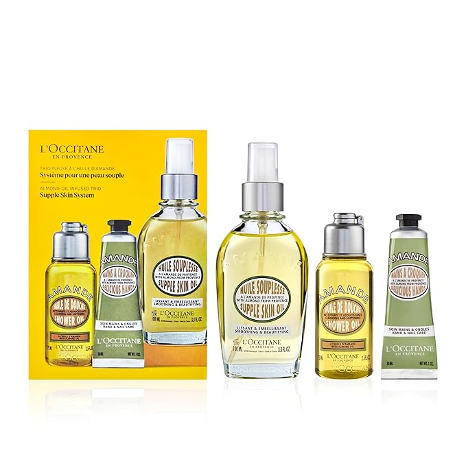 L'OCCITANE Supple Skin System: Hydrate & Soften, Almond Oil Infused Trio Featuring Almond Supple Skin Oil, Almond Shower Oil, and Almond Delicious Hand & Nail Care Lotion, Bath and Body Gift Set-VivaGrace Women