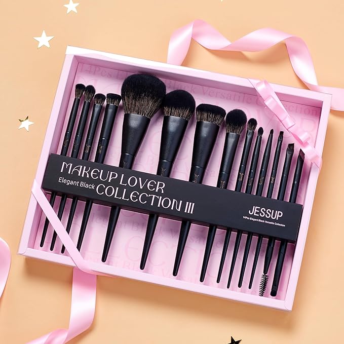 Jessup Makeup Brushes Set Jessup Make up Brushes 14Pcs Black Kabuki Foundation Eyeshadow Contour Concealer Powder Eyeliner Crease Eyebrow Blending Brush with Gift Box, T336-G-VivaGrace Women