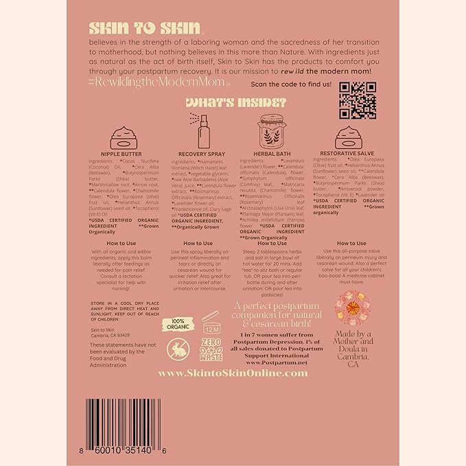 Skin to Skin Postpartum Kit-4 Piece Set in Cosmetic Bag - Postpartum Recovery - Includes: Herbal Bath, Recovery Spray, Restorative Salve, and Nipple Butter - Postpartum Care Kit - After Birth Care Kit-VivaGrace Women
