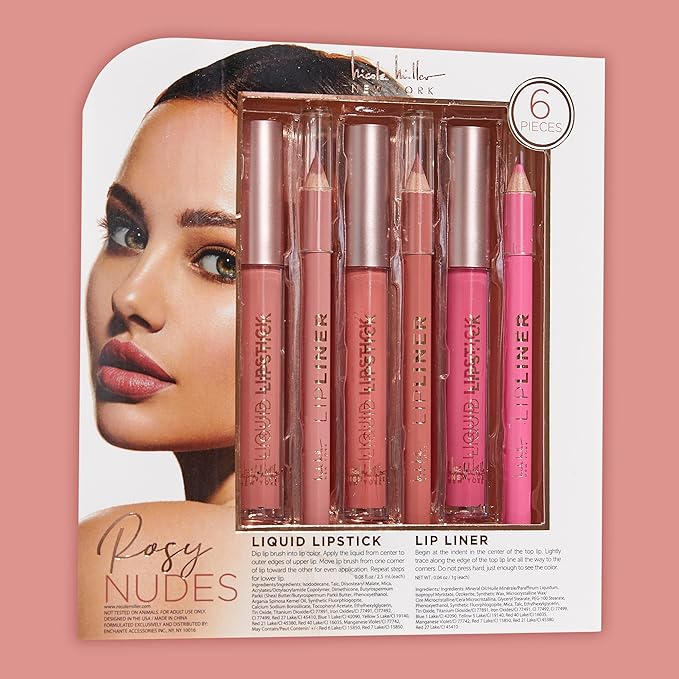 Nicole Miller Rosy Nudes Lip Collection | 6 Piece Set | 3 Luxurious Lip Liners & 3 Liquid Lip Sticks in Light Rose, Rosy Mauve, and Deep Peach-VivaGrace Women