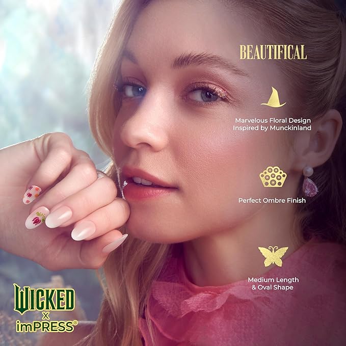 WICKED X imPRESS Design Press On Nails , The EASIEST NO GLUE Mani, Super Hold Adhesive, ‘Beautifical’, White, Medium Oval, Includes 30 Fake Nails, 1 Prep Pad, 1 Manicure Stick, 1 Mini File
