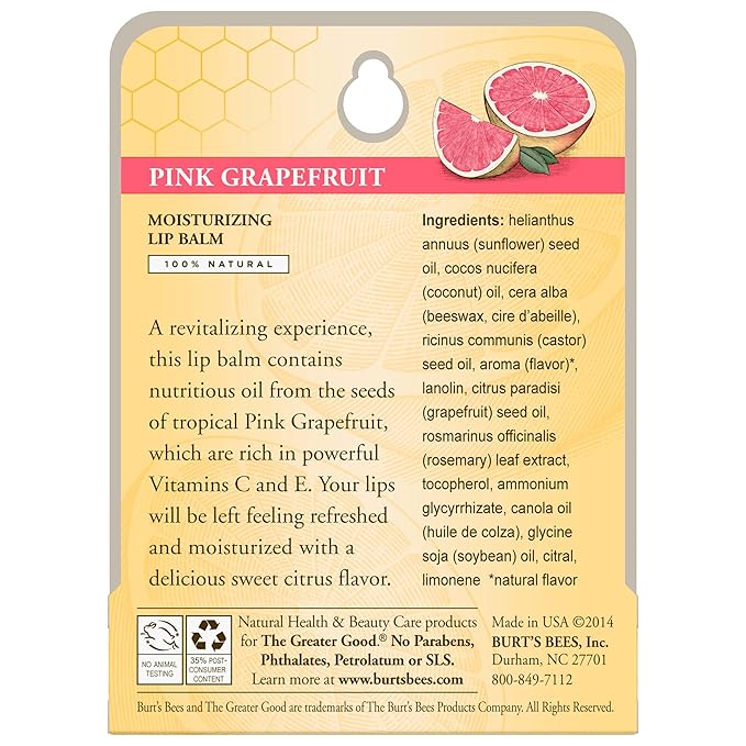 Burt's Bees 100% Natural Moisturizing Lip Balm, Pink Grapefruit with Beeswax & Fruit Extracts, 1 Tube-VivaGrace Women