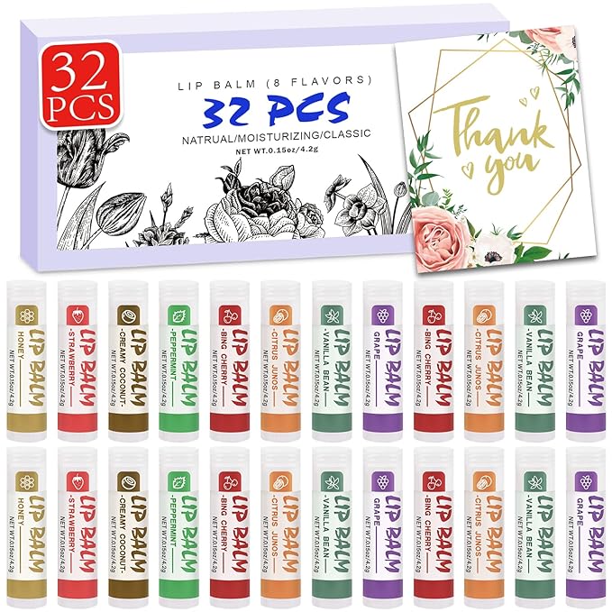 32 Pack Lip Balm, Natural Lip Balm Bulk with Vitamin E and Coconut Oil, Moisturizing Lip Balm for Stocking Stuffers - 8 Flavors-VivaGrace Women
