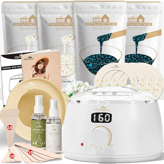 Lifestance Waxing Kit for Women & Men - L3 Digital Warmer, Silicone Wax Pot Liner, Hair Removal Kit with 4 Hard Wax Beads (14.1oz) & 45 Accessories, Professional for Brazilian, Bikini, Face, Leg, Body-VivaGrace Women