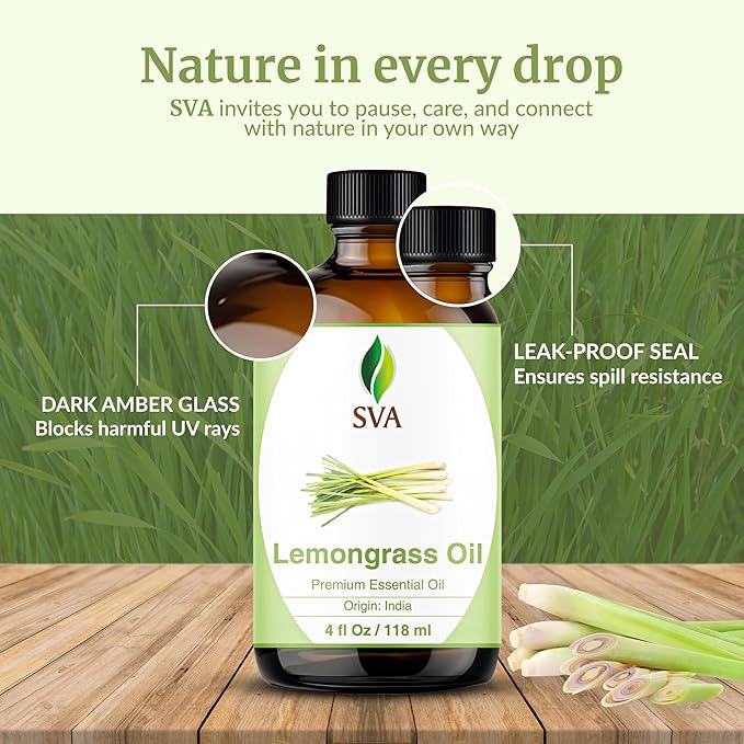 SVA Lemongrass Essential Oil – 4 Fl Oz – 100% Natural Lemongrass Oil - for Diffuser, Hair Care, Face, Skin Care, Aromatherapy, Scalp and Body Massage, Soap and Candle Making - with Dropper-VivaGrace Women