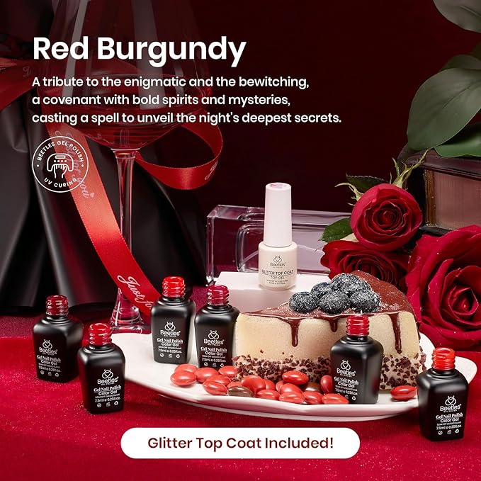 Beetles Red Gel Nail Polish Set with Top Coat, 6 Colors Popular Shimmer Red Burgundy Gel Polish Kit Nail Art Design Soak Off Uv LED Minicure DIY Home Gifts for Women-VivaGrace Women