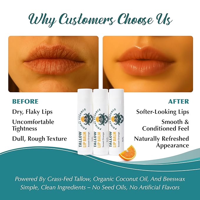 Moisturizing Tallow Lip Balm – Grass-Fed Beef Tallow with Organic Coconut Oil, Beeswax, and Vitamin E – Sweet Orange – Lip Balm Set – Travel Essential – 3-Pack-VivaGrace Women