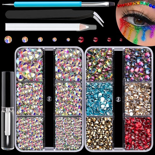 Colorful Face Gems for Makeup Set, Flatback Gorgeous AB Glass Gem, Mixed-Colored Crystals with Makeup Glue+Picker Pencil+Tweezer+Dual-End Dotting Tool for Eye Body Hair Make-up and Nail Art Deco-VivaGrace Women