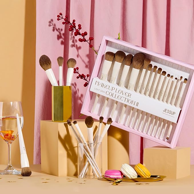 Jessup Makeup Brushes 14Pcs Makeup Brush Set Premium Synthetic Powder Foundation Contour Blush Concealer Eye Shadow Blending Liner Make Up Brush Kit Light Grey with Gift Box, T329-G-VivaGrace Women