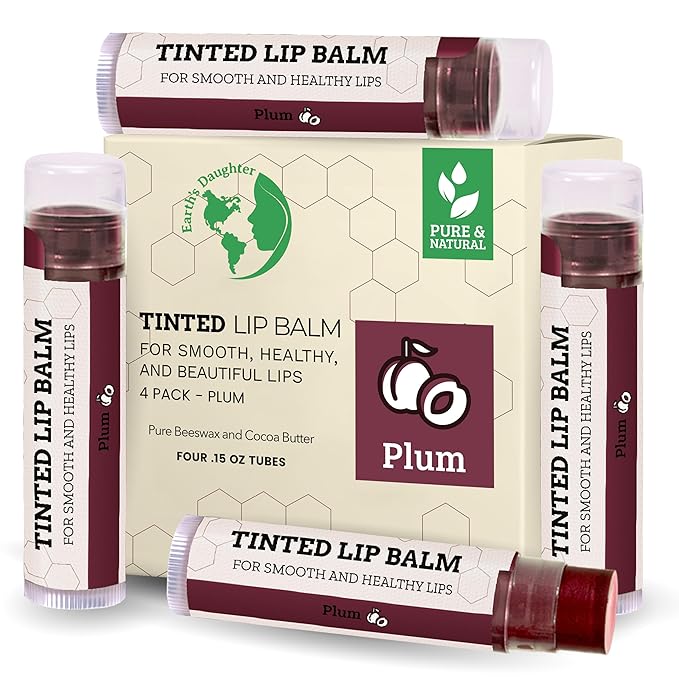 Tinted Lip Balm by Earth’s Daughter – 4 Pack of Plum Color – Beeswax, Coconut Oil, Cocoa Butter, Vitamin E – Moisturize and Beautify – Paraben Free-VivaGrace Women