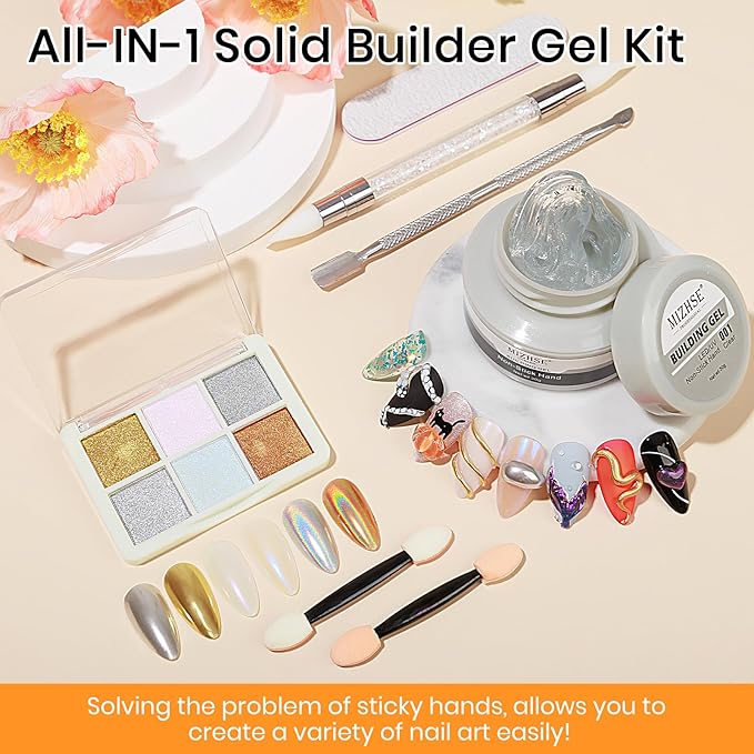 MIZHSE Solid Builder Gel - 1 oz Clear Non Stick Hand Hard Gel with 6 Colors Chrome Nail Powder and Nail Form Extension Kit for Salon and Home DIY-VivaGrace Women