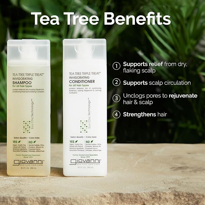 GIOVANNI Tea Tree Triple Treat Invigorating Shampoo & Conditioner Set - Cooling Peppermint, Eucalyptus, Rosemary, Helps Dry, Flaky Scalp, Salon Quality, Vegan, Cruelty Free, Paraben Free - 24 oz Each-VivaGrace Women